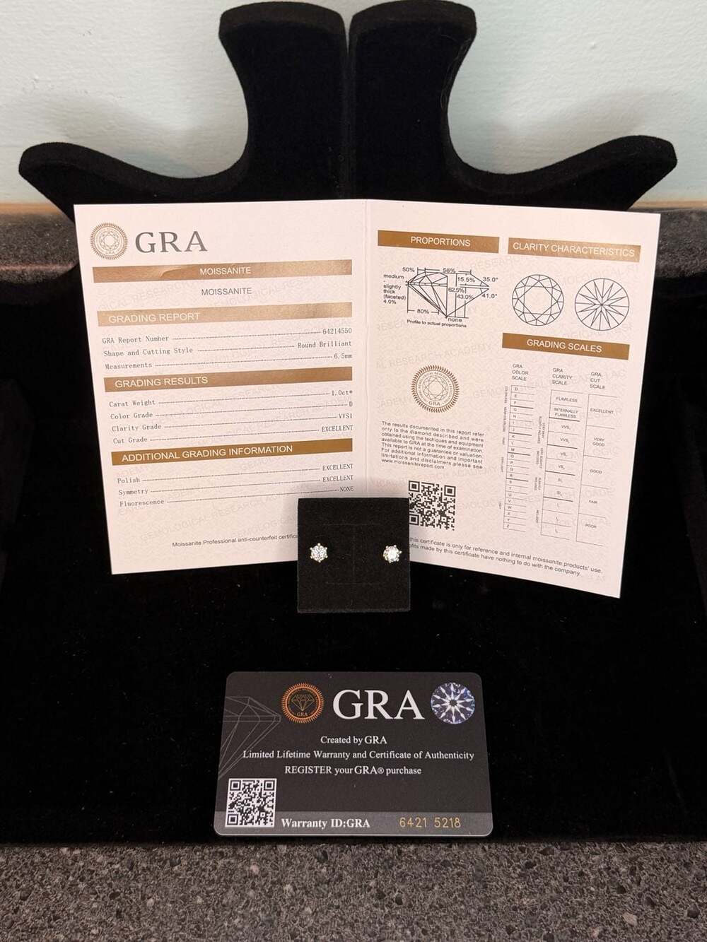GRA Certified 1.0ct Round Brilliant Moissanite Stud Earrings D VVS1